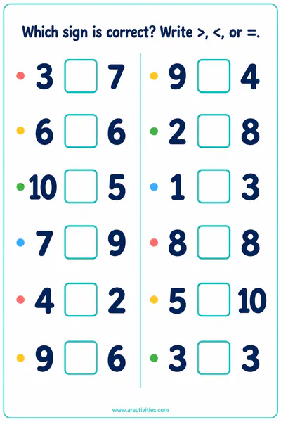Free Grade 1 compare numbers to 10 worksheet preview